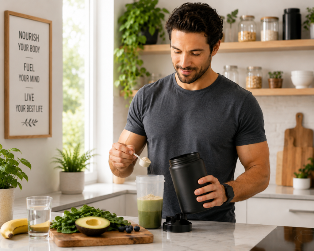 Man taking natural health supplements for men as part of a healthy morning routine