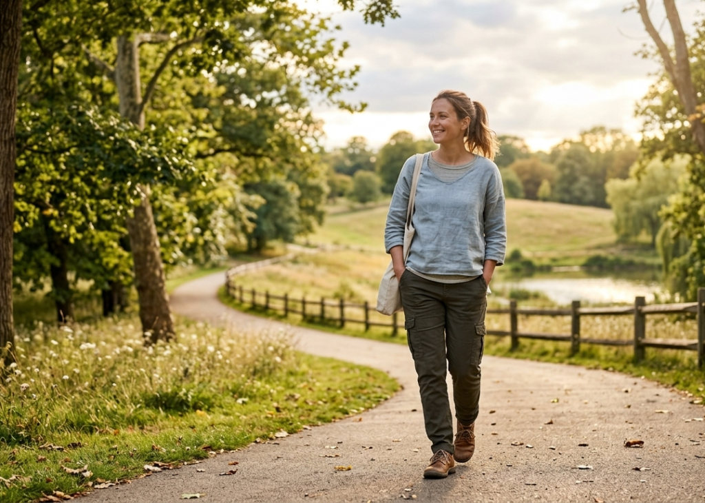 person taking an after-meal walk to help lower blood sugar levels