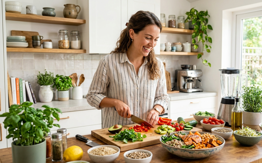 woman preparing balanced meal to support healthy blood sugar levels