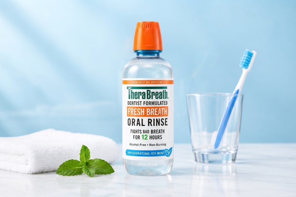 TheraBreath Fresh Breath Icy Mint mouthwash beside a toothbrush