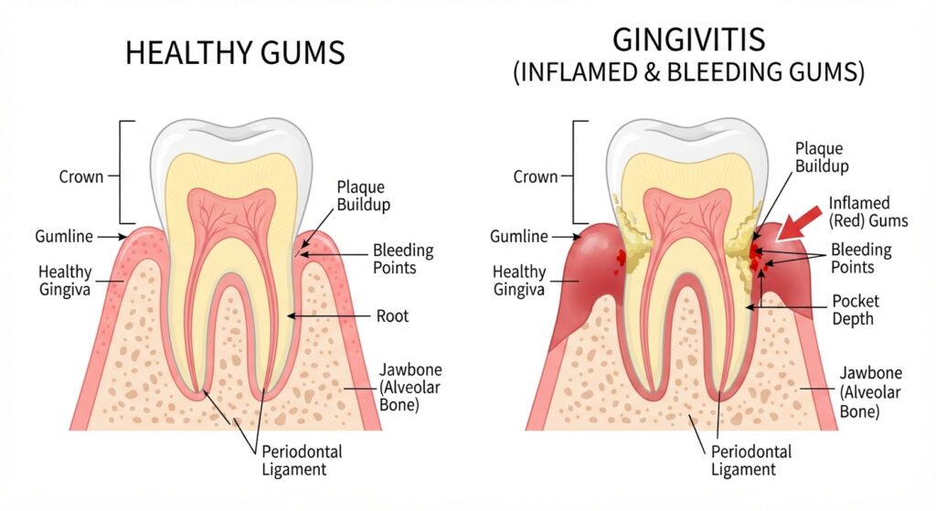 Plaque buildup along the gumline causing bleeding and inflamed gums