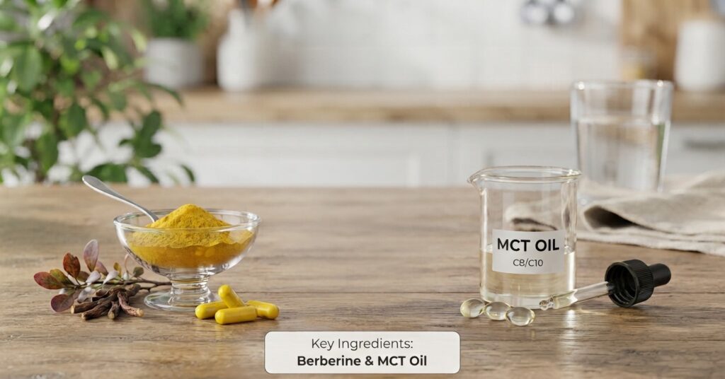 Berberine and MCT oil ingredients featured in a glucose support supplement