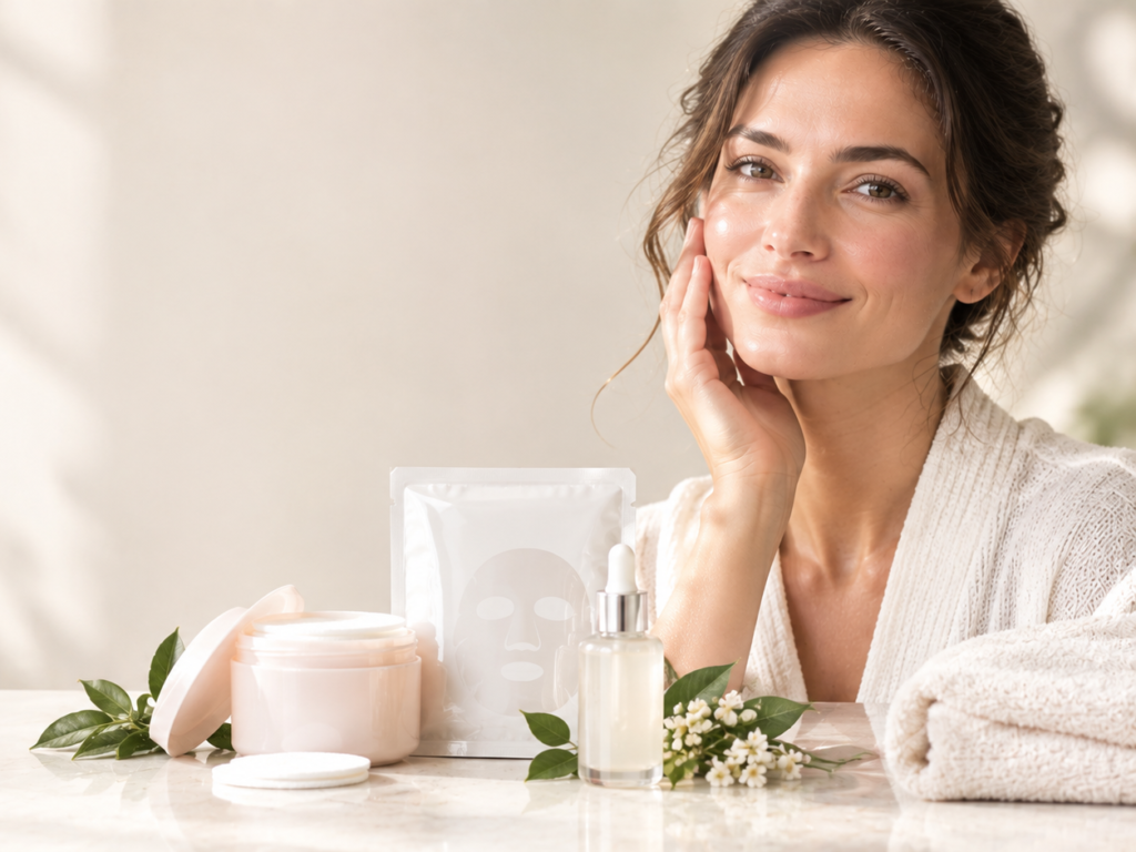 Woman with healthy-looking skin alongside skincare products