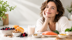 Woman with healthy-looking skin beside natural skin health supplements
