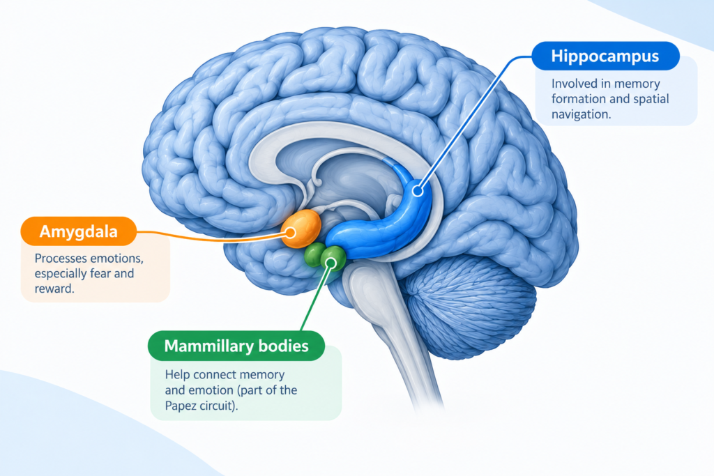 Hippocampus amygdala and mammillary bodies in the brain