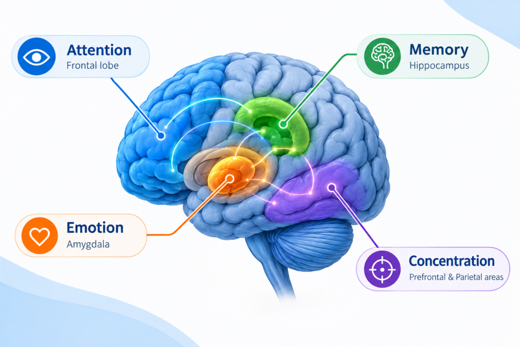 Brain regions involved in focus, attention and memory