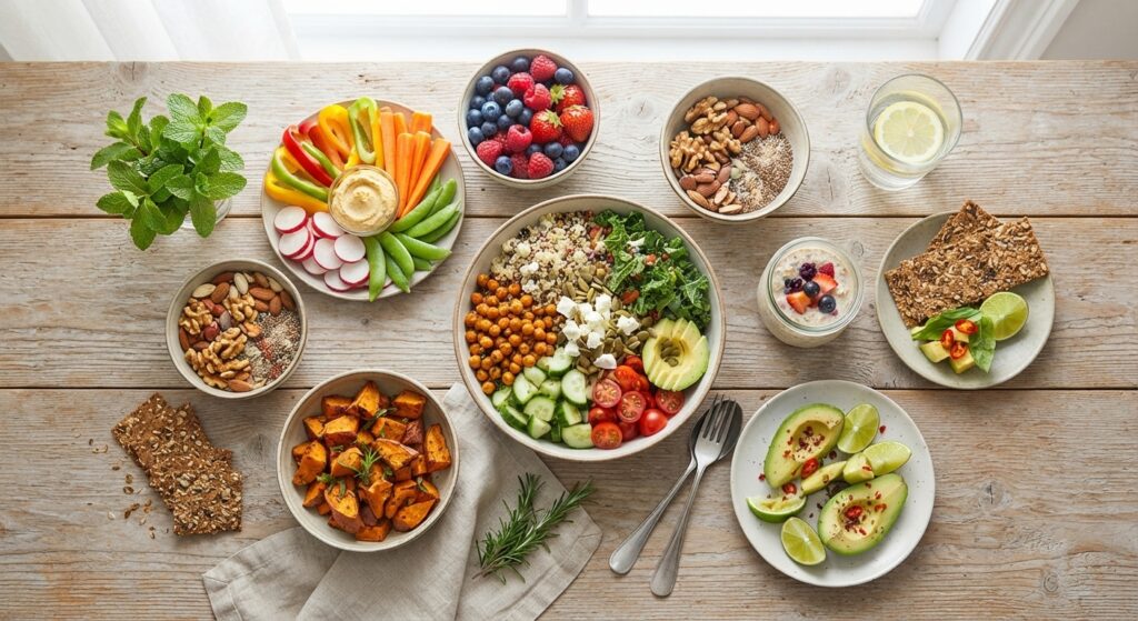 Healthy meal with fruits vegetables and whole foods as sources of dietary fiber