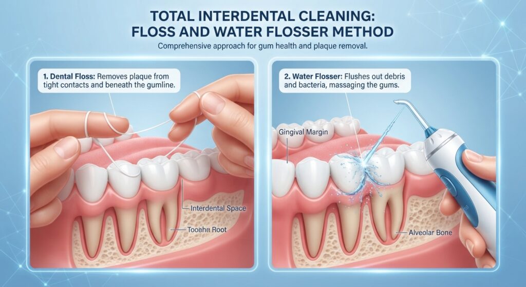 Dental floss and water flosser cleaning between teeth and along the gumline
