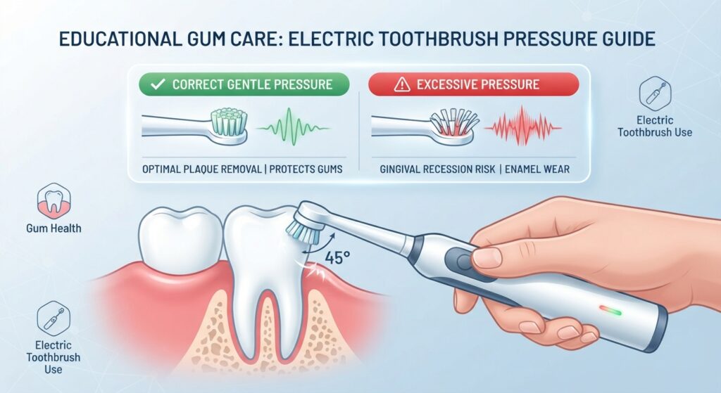 Using an electric toothbrush gently along the gumline with a pressure sensor