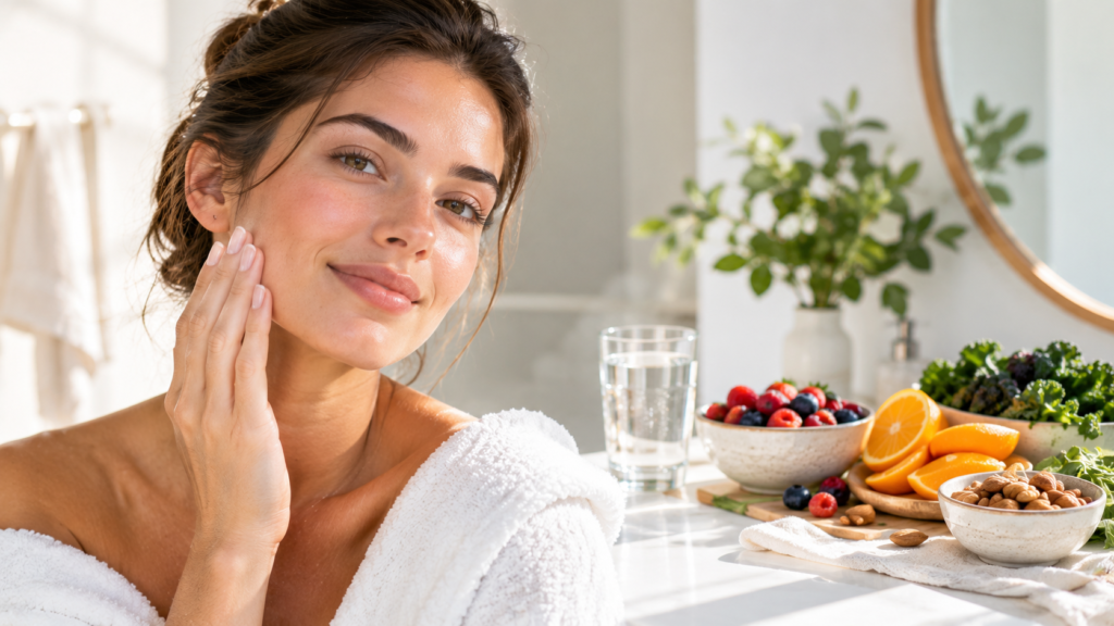 Woman with healthy-looking skin surrounded by nutritious foods and water
