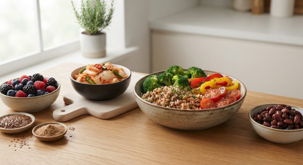 Fiber-rich fruits vegetables grains and fermented foods