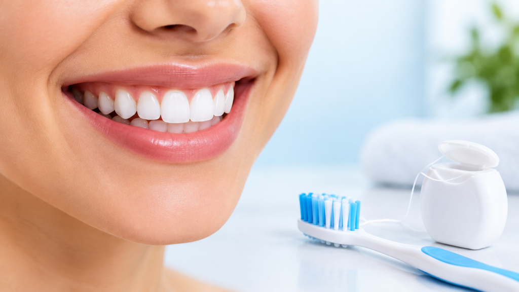 How to Maintain Healthy Gums Healthy gums and teeth with toothbrush and dental floss