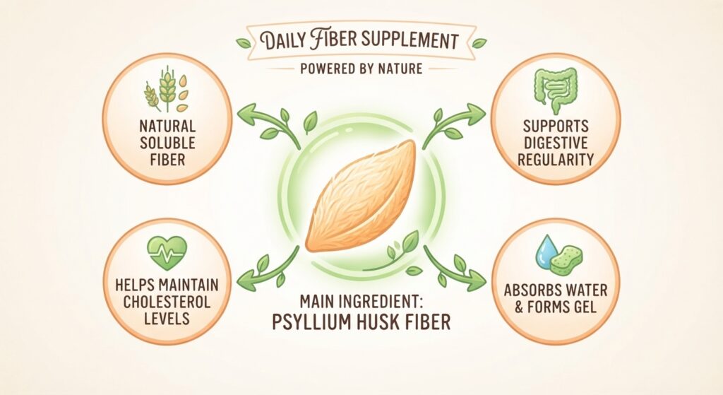 Psyllium husk fiber shown as the main ingredient in a daily fiber supplement