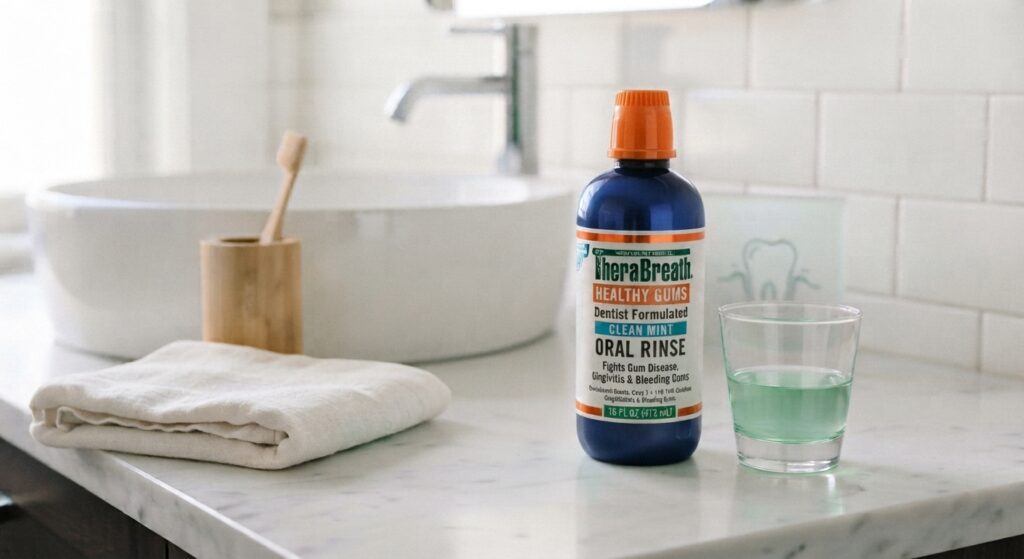 TheraBreath Healthy Gums mouthwash with Clean Mint formula for gum care