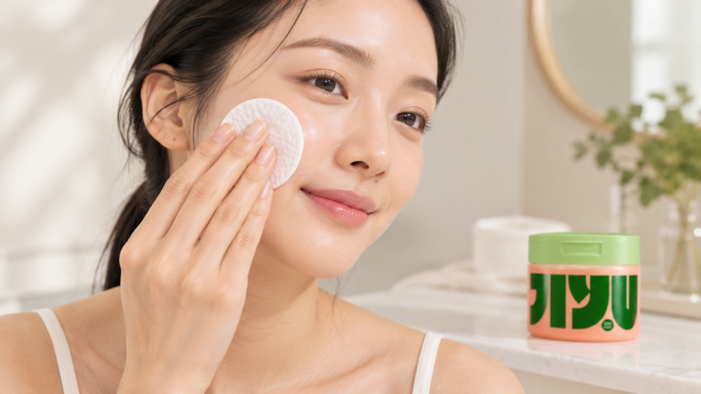 Facial toner pad being gently applied to the skin