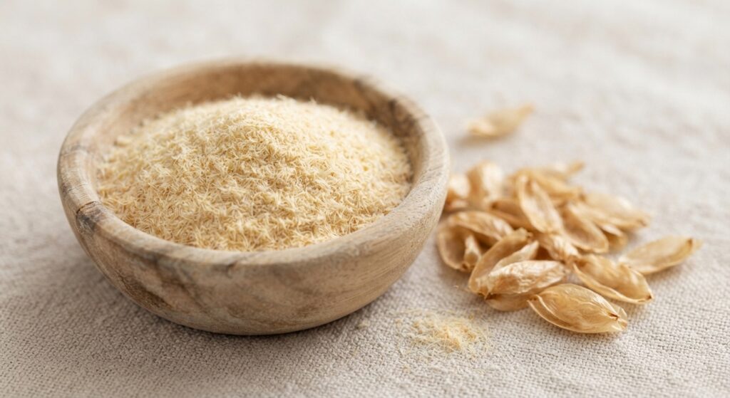 Psyllium husk fiber powder representing the main ingredient in Metamucil