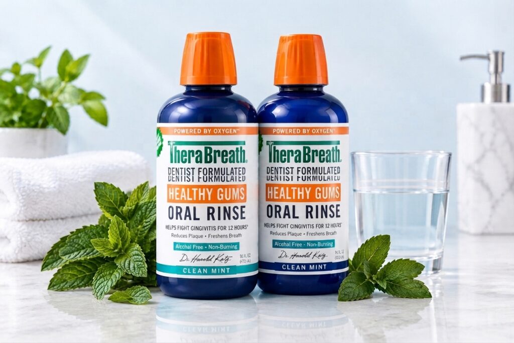 TheraBreath Healthy Gums Oral Rinse Clean Mint bottles